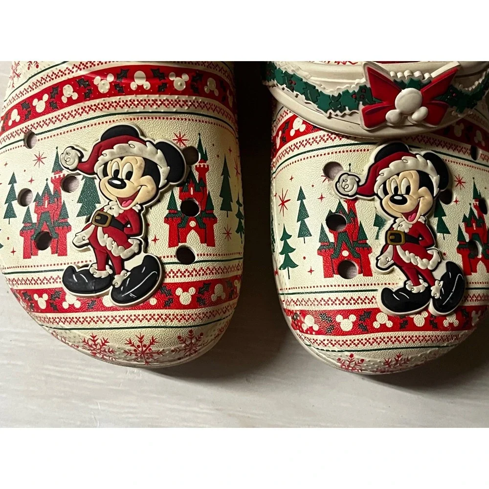 Crocs Disney Mickey Mouse Christmas Holiday Fuzz Lined Clogs Cream Red Size C10